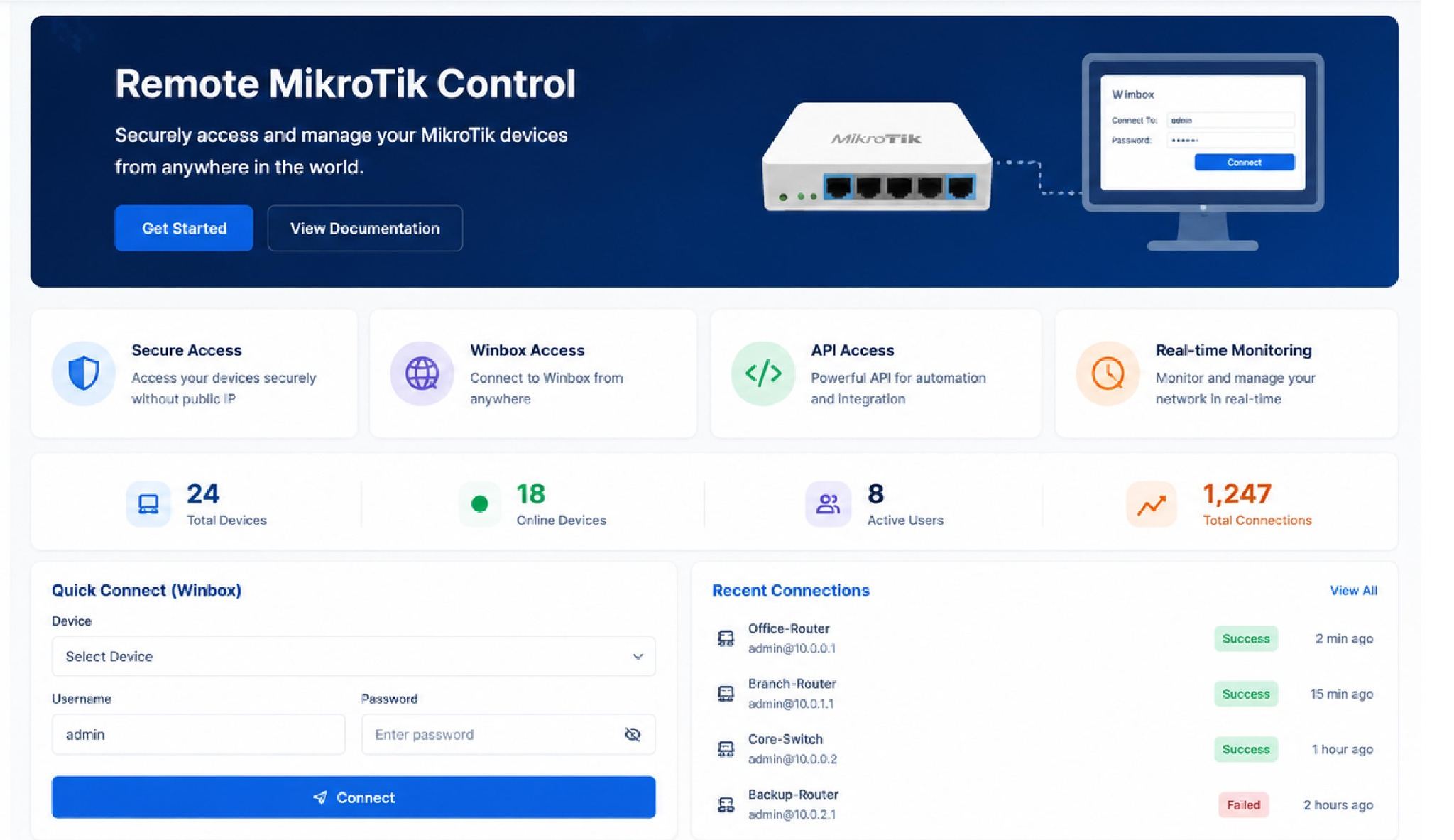 Remote MikroTik dashboard Winbox API monitoring